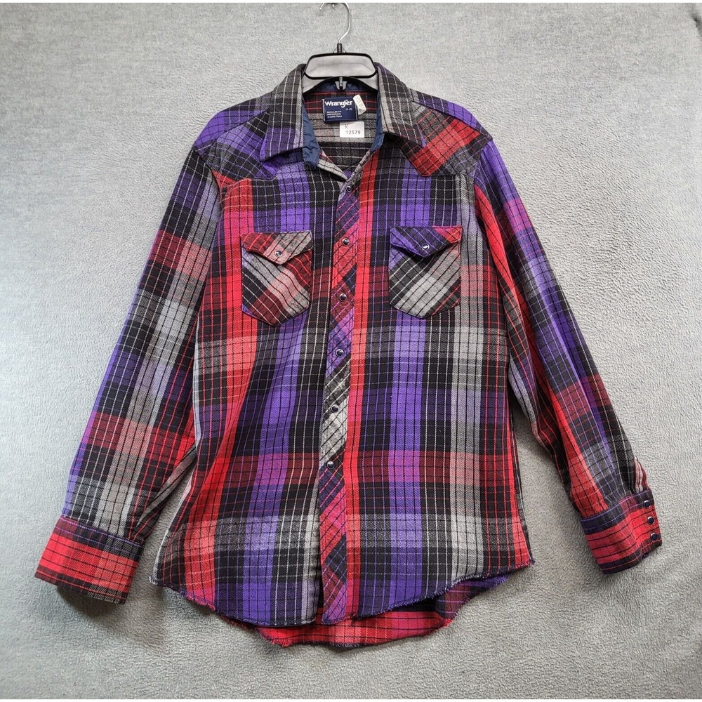 VINTAGE Wrangler Men Button Up Shirt 17-35 Red Plaid‎ Flannel Pearl Snap 90s